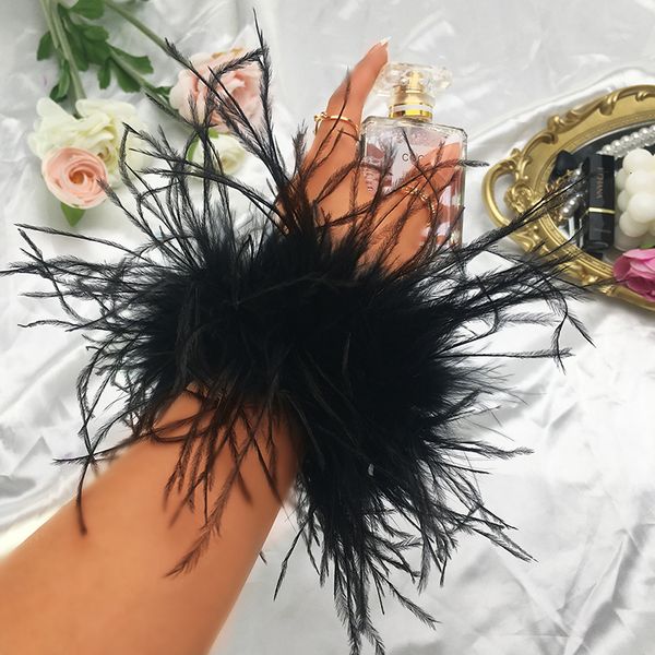 

charm bracelets women feather bracelet cuffs wrap stainless steel real fur ostrich feather cuff elastic hair band double layer feather fur 2, Golden;silver