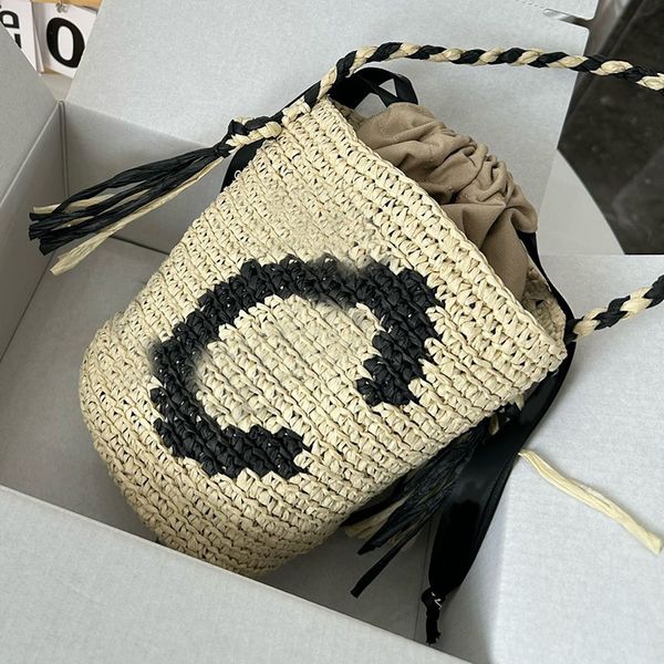 

straw woven drawstring tote designer bucket bag two-tone with handle fabric pouch casual handheld shoulder handbags woman purse crochet saco