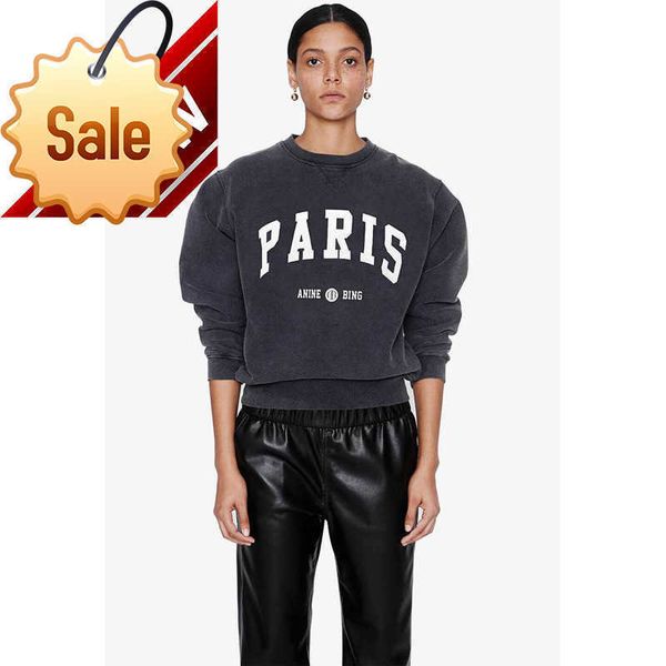 

anine bing letter paris women sweatshirt print wash snow black gray round neck cotton sweater designer pullover hoodieesse