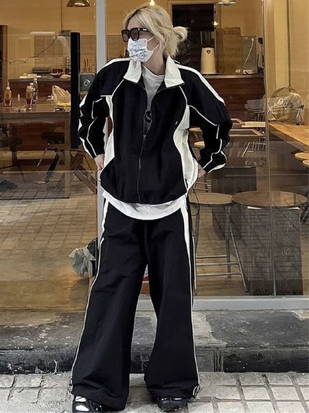 

women's tracksuits y2k women korean harajuku 2 piece pants suit outfits matching sets techwear windbreak oversized outerwear clothes 23, Gray