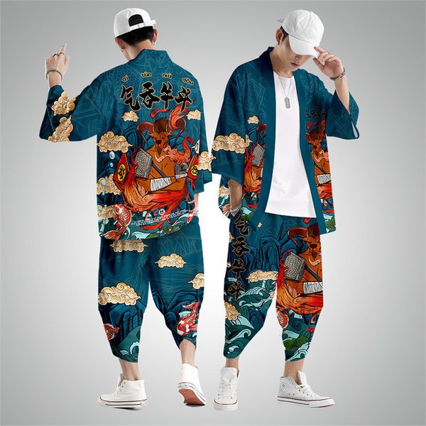 

men s t shirts two piece suit oversize xxs 6xl japanese style fashion kimono and pants set men cardigan blouse haori obi asian clothes 23041, White;black