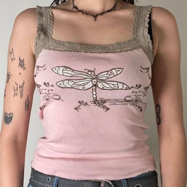 

camisoles tanks cute graphic print pink tank y2k lace strap backless slim fit vest fairycore grunge retro cropped chic vintage clothes 2304, Black;white