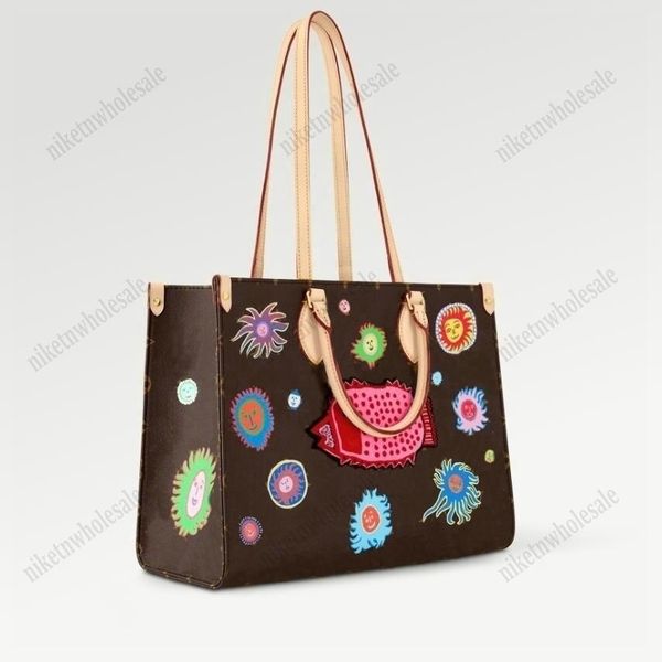 

face print yk x onthego mm tote bag m46429 yayoi kusama embroidery leather handbag 2023 ss colorful energy on the go purse wallet