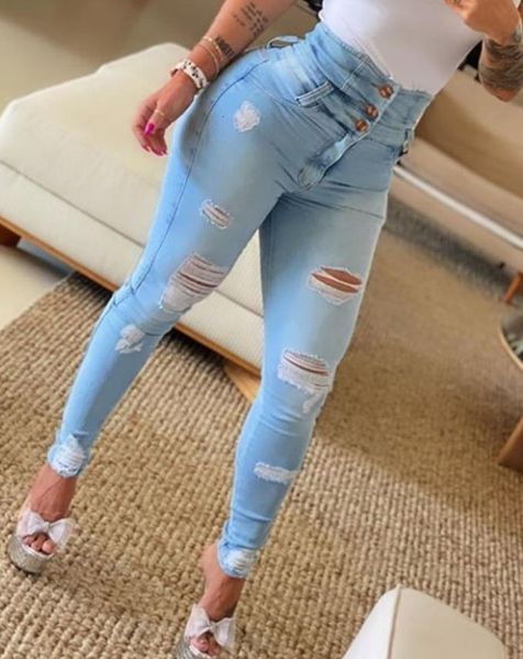 

women's jeans trend autumn fashion high waist buttoned cutout ripped casual skinny plain pocket design daily long 230411, Blue