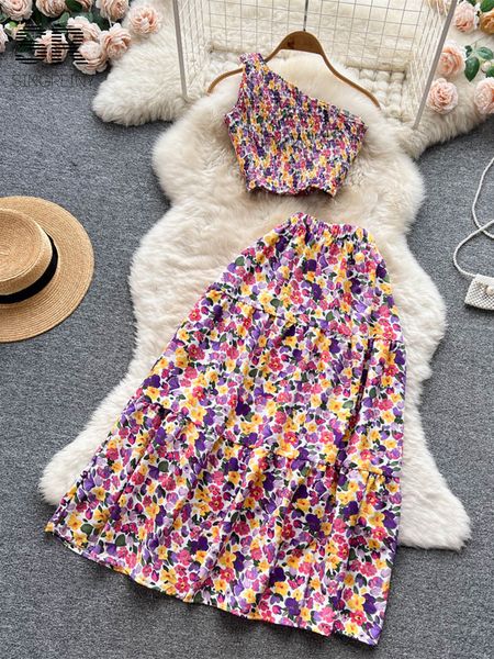 

two piece dress singreiny flower chiffon two piece summer set womens irregular shoulder fit elastic waist tight beach set 230410, White