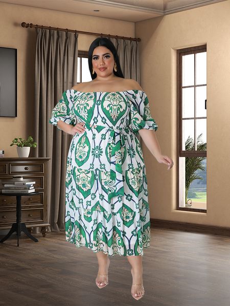 

plus size dresses size women elegant printed long spring summer casual slash neck ladies chic high waist a line beach 230410, Black