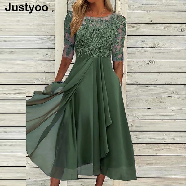 

casual dresses elegant green party dress women o neck lace half sleeve prom dresses for women solid a-line dress boho long dress 230411, Black;gray