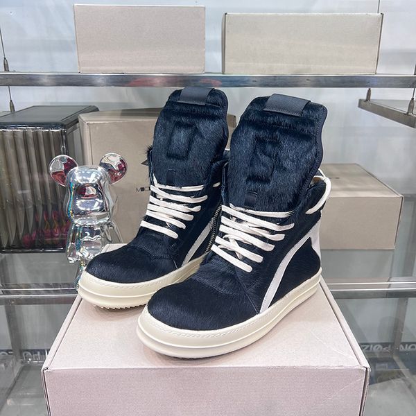 

casual shoes round owens high horse fur hair geobasket luxury trainers fashion men black leather women pink sneakers designer ankle boots bi