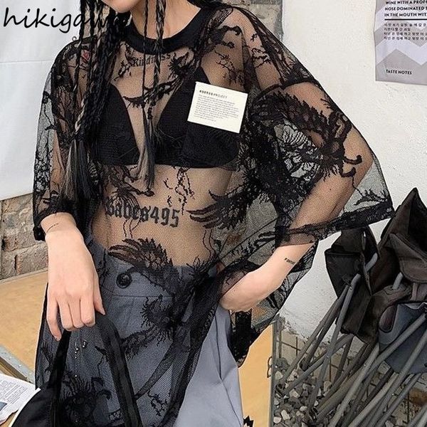 

women's t-shirt fashion lace blouses harajuku woman tshirts gauze oversized shirts for women see throught tees y2k korean t shirt 2304, White