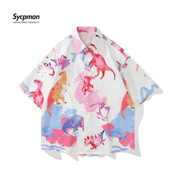 

men s casual shirts sycpman oversized men short sleeve printed women summer hawaii dinosaur beach shirt 230410, White;black