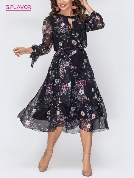 

casual dresses s.flavor women flower print chiffon dresses o neck hollow out long sleeve dress female elegant a line party vestidos 230411, Black;gray