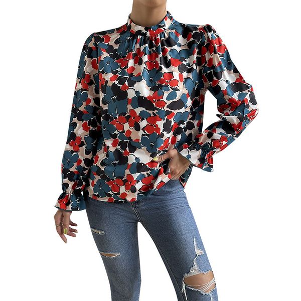 

boho stand collar pullover fashion women's blouse loose paneled ruched front ruffles cuff puff long sleeves back button closure floral, White