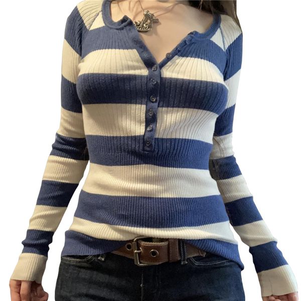 

women's t-shirt xingqing y2k fairycore vintage aesthetic women striped button round neck long sleeve knitted tshirt 2000s clothes stree, White