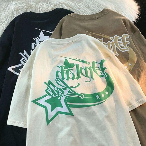 

womens tshirt vintage cotton star print oneck short sleeve high street hip hop loose y2k fashion casual women clothes 230411, White
