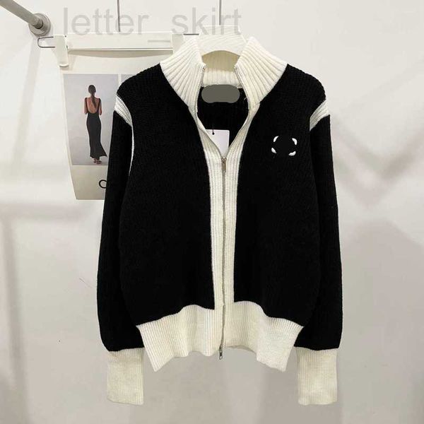 

womens knits & tees designer autumn and winter new style embroidery contrast color half high neck zipper knitted cardigan slim coat, White