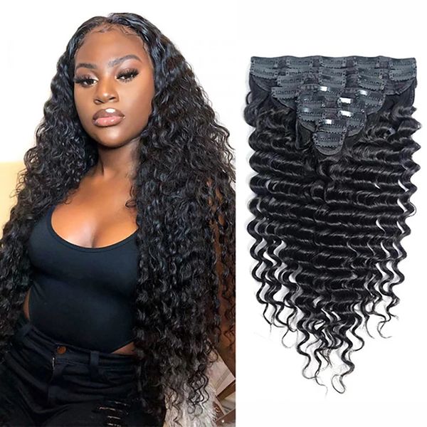 

human hair clip in extension deep wave brazilian remy human hair natural color 8 pieces/sets full head extension for women 16inch-24inch, Black;brown