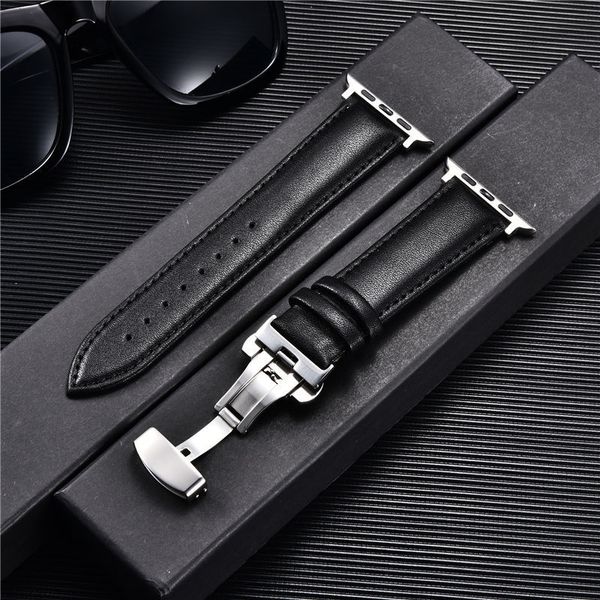 

watch bands casual leather watch band for apple watch 8 7 6 5 4 3 butterfly buckle straps 38mm 40mm 41mm 42mm 44mm 45mm bracelet for iwatch, Black;brown