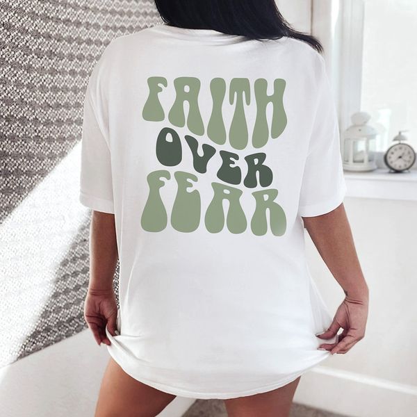 

womens tshirt faith over fear back print christian shirt religious faith tshirt women 100%cotton grunge aesthetic tee 230411, White