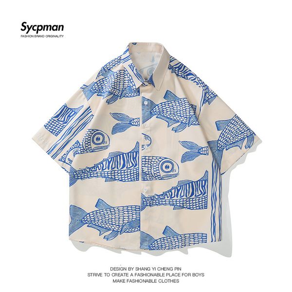

men s casual shirts oversized american style summer fried street fashion small fish print personalized mens 230411, White;black