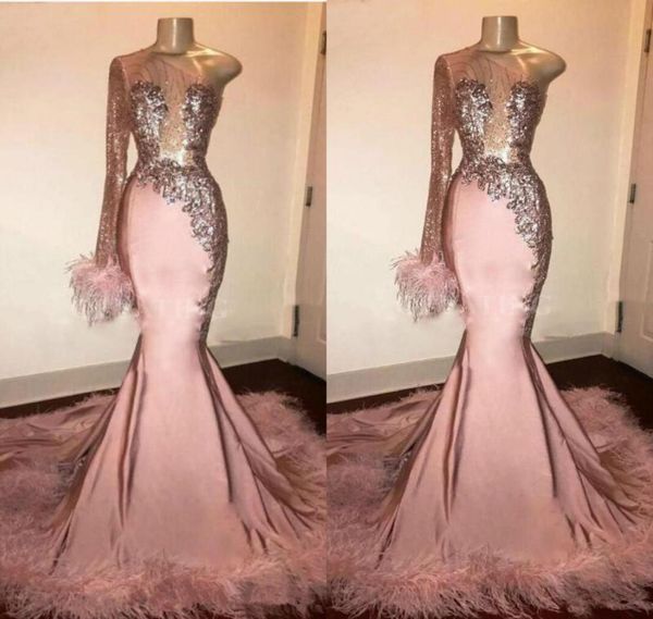 

glitter sequin long sleeve mermaid pink black girl prom dress with feathers train one shoulder african formal evening gowns5767317