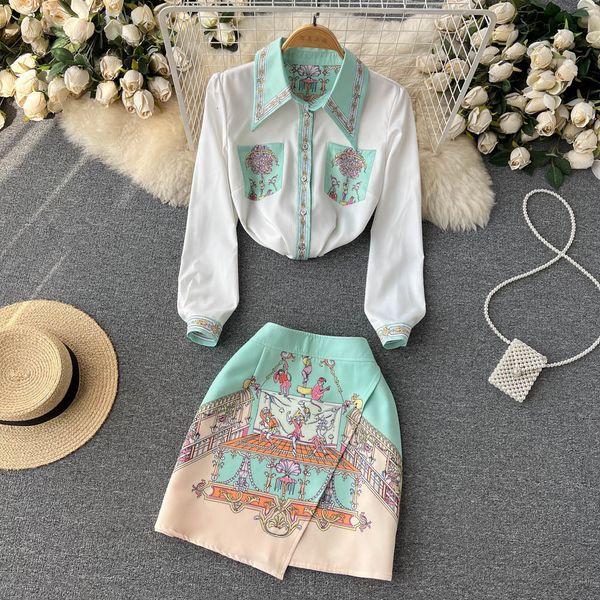 

two piece dress summer sweet two piece womens polo collar long sleeve printed chiffon shirt rregular retro mini tight 230410, White