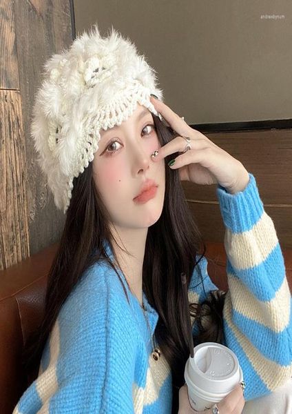 

berets fashion hair knitted pullover bud silk hat ear protection warm plush winter hollow out cold casual for women7174044, Blue;gray