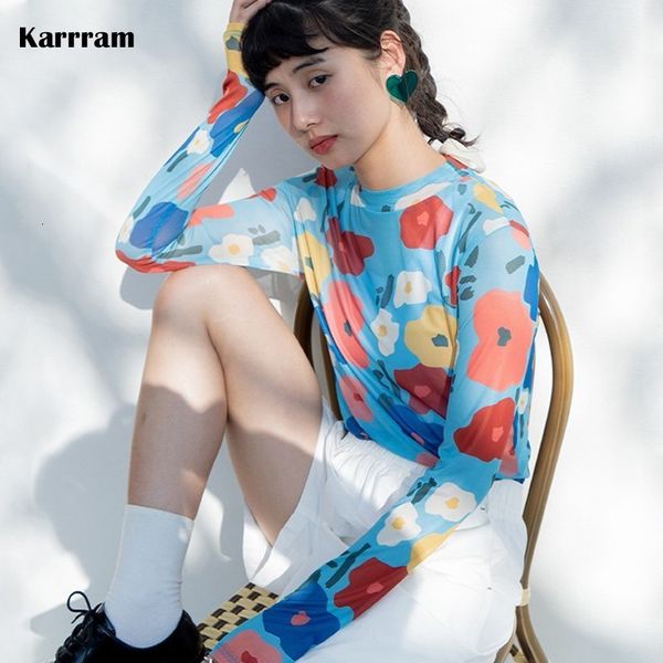 

women s t shirt karrram korean fashion cottagecore mesh japanese style flower print sheer harajuku translucent t shirt autumn 230411, White