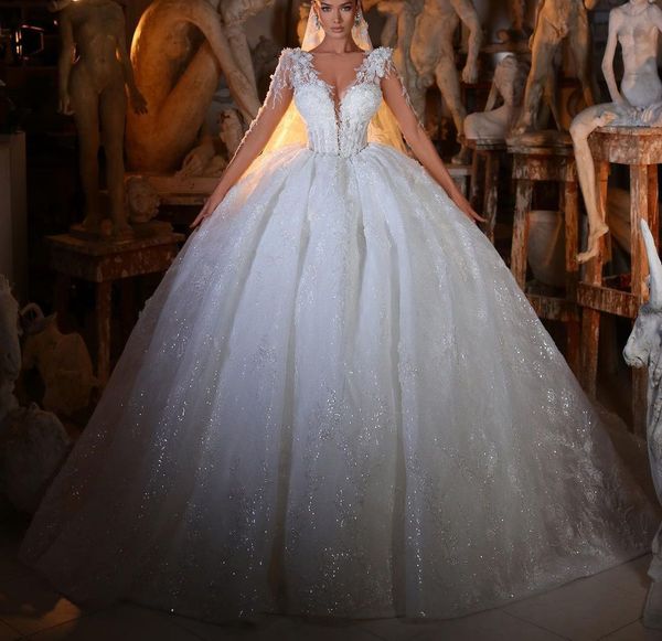 

luxury ball gown wedding dresses middle sleeves v neck sequins appliques 3d lace bridal gowns diamonds beaded formal dress plus size custom, White