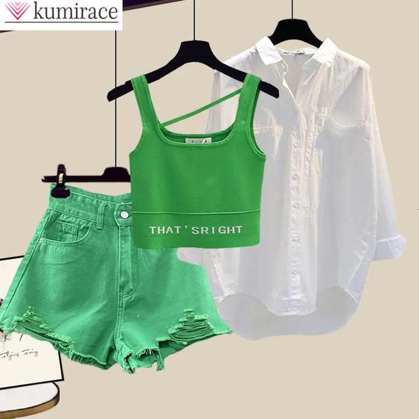 

women's tracksuits korean summer style worn casual shorts white chiffon shirt green vest bra three piece elegant women's shorts se, Gray
