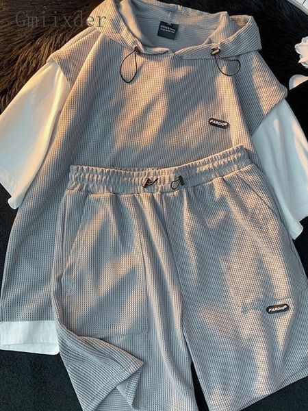 

men's tracksuits summer men's large size sports suit breathable casual wear wild high street chic fake two-piece casual t-shirt si, Gray