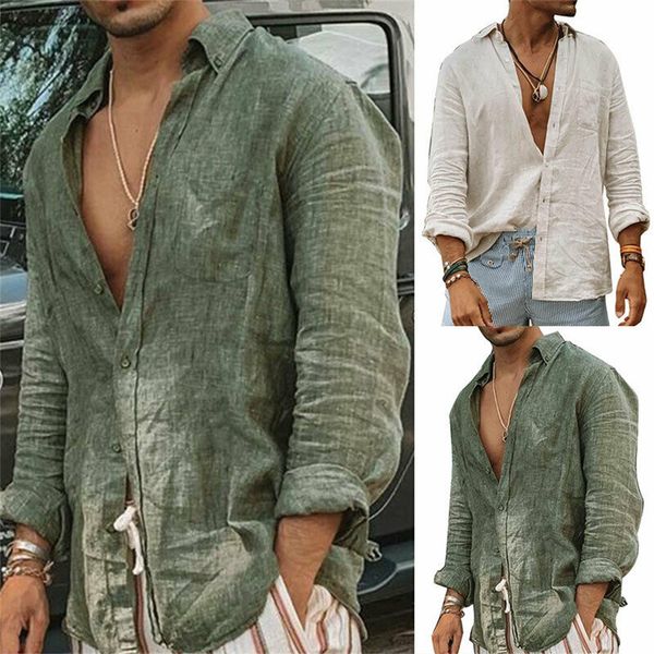 

men s casual shirts 2023 men cotton linen standing collar male solid color long sleeves loose spring autumn handsome 230411, White;black