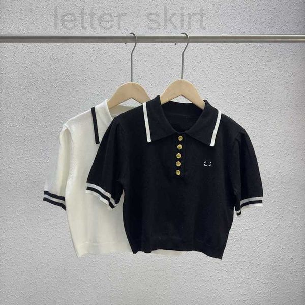

women's knits & tees designer ~early spring new fashion polo neck metal buckle black and white contrast knitted t-shirt short slim age