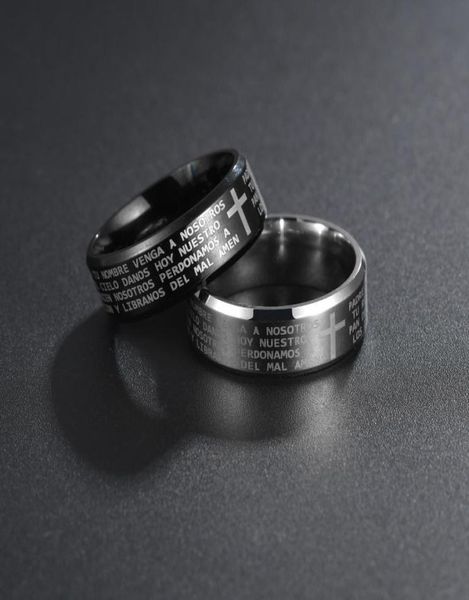 

316l stainless steel spanish lord039s prayer bible scripture ring for men women titanium cross rings factory direct 6180404, Silver