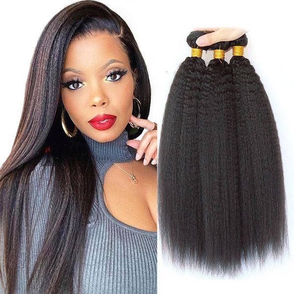 

kinky straight peruvian hair weave bundles raw human hair bundles 28 30 inch remy extensions 3 4 bundles for women coarse yaki, Black