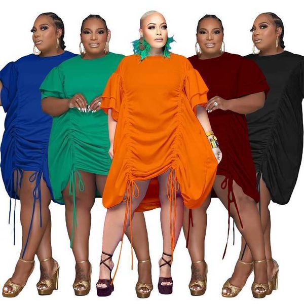 

plus size clothing casual dresses 2023 summer new large fat po double sleeve drawstring dress 5 colours, Black