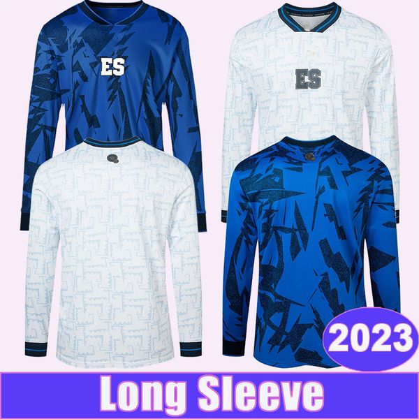 

2023 salvador national team mens soccer jerseys #13 larin #21 tamacas #7 d.ceren home blue away white long sleeve football shirts uniforms, Black;yellow