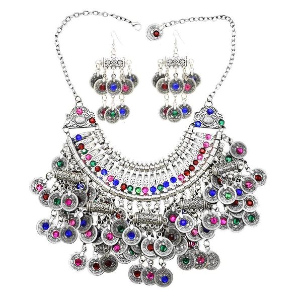 

earrings necklace afghan silver color coin tassel bib statement necklace earring sets for women turkish gypsy necklace party jewelry 230410