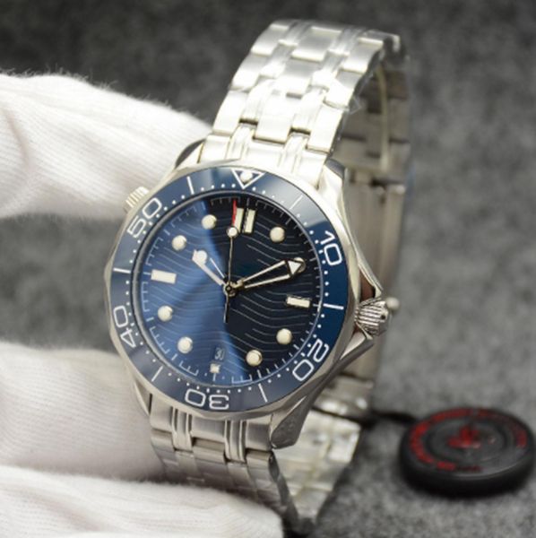 

luxury 42mm automatic mechanical men's watch outdoor blue dial stainless steel strap rotatable ceramic bezel transparent case back firs, Slivery;brown
