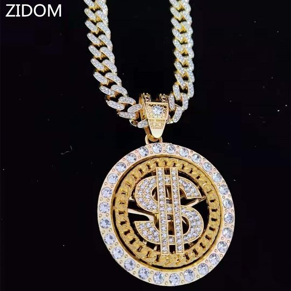 

chokers men hip hop iced out bling rotatable dollar pendant necklace 13mm crystal cuban chain hiphop necklaces fashion charm jewelry 230411, Golden;silver
