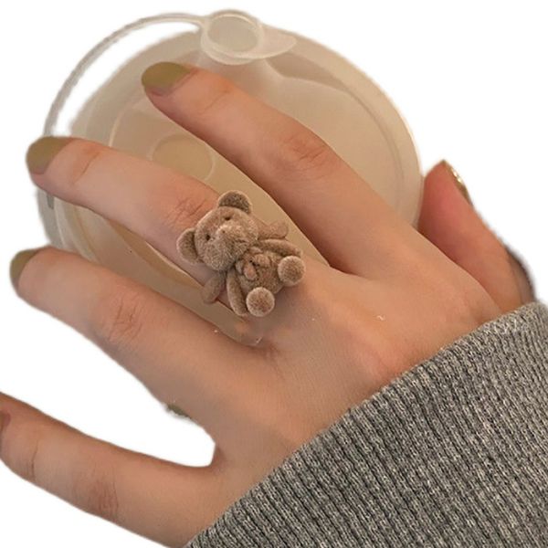 

band rings flocking bears finger ring open adjustable sweet cute bear rings cartoon index ring handmade plush bear bowknot jewelry gift 2304, Silver