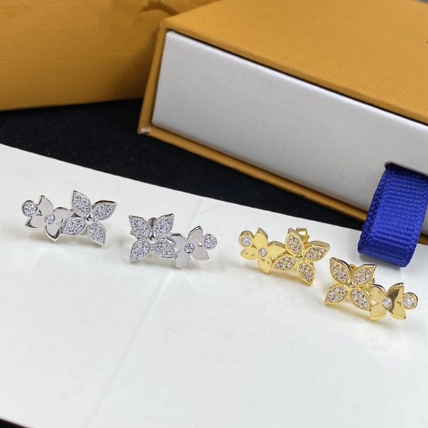 

2023 new women fashion studs jewelry gold/silver dual flower earrings princess sweet diamond ins popular stud wedding flowers earring gift, Golden;silver