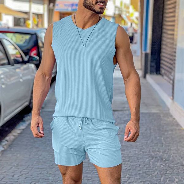 

men's tracksuits casual sets solid color vacation o neck sleeveless t shirt shorts two pieces 2023 streetwear suits s 5xl incerun 23041, Gray