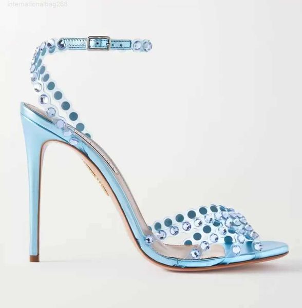

2022 elegant summer tequila leather sandals shoes women strappy design crystal-embellished lady high heel dress bridal wedding, Black