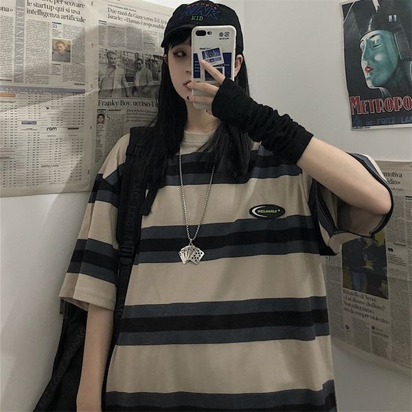 

women s t shirt preppy style t shirt summer korean oversize short sleeved female harajuku all match striped student 220410, White
