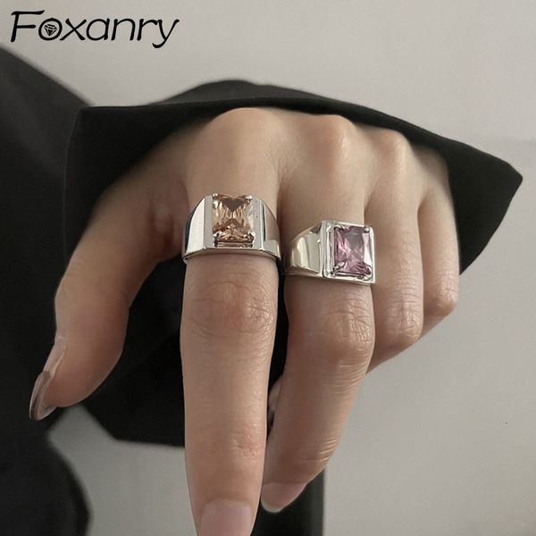 

band rings foxanry silver color wide rings for women fashion hip hop vintage creative sparkling pink and yellow zircon party jewelry 230410