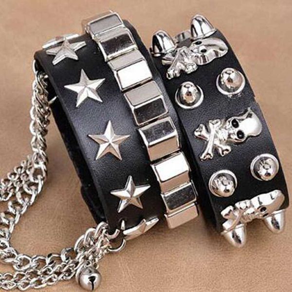 

bangle 2021 skull rivet hip-hop hip rock bracelet multilayer leather metal pentagram bracelet on hand men's wide bracelet with chain w0, Black