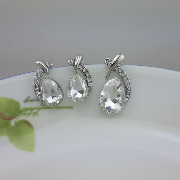 

wholesale fish beauty style water droplets necklace earrings suit inlaid crystal twinkle plating white k american style jewelry non fading l, Silver