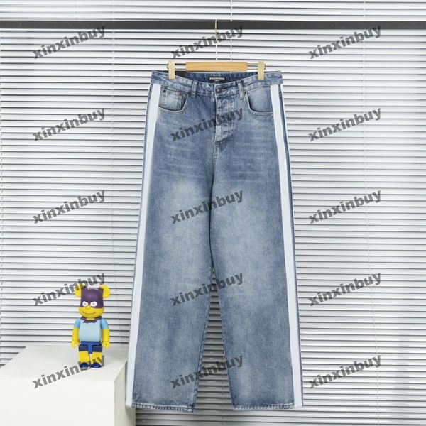 

xinxinbuy men women designer pant side ribbon stripe pockets denim 1854 spring summer casual pants black blue gray xs-3xl, Black;brown