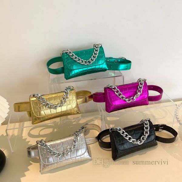 

big girls crocodile grain handbags old kids pu leather belt waist bag teenagers children metals chian single shoulder bags z1436, Black