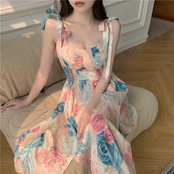 

casual dresses summer women vintage flower sling dress bow tie strap square neck sleeveless slim midi floral skirt french ladies clothes 230, Black;gray